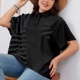 thumbnail image 2 of Camisa de manga corta para mujer, jersey de bloque de Color a rayas con cuello vuelto y botones 1/4, camiseta holgada para mujer, Top para verano negro XXXL, 2 of 6