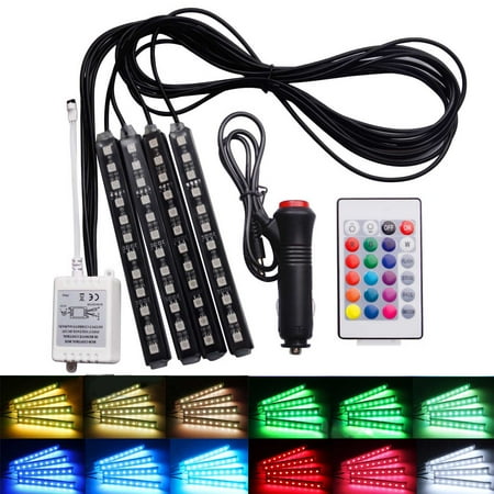 4Pcs 9LED RGB Remote Control Colorful Car Interior Decoration Atmosphere Light