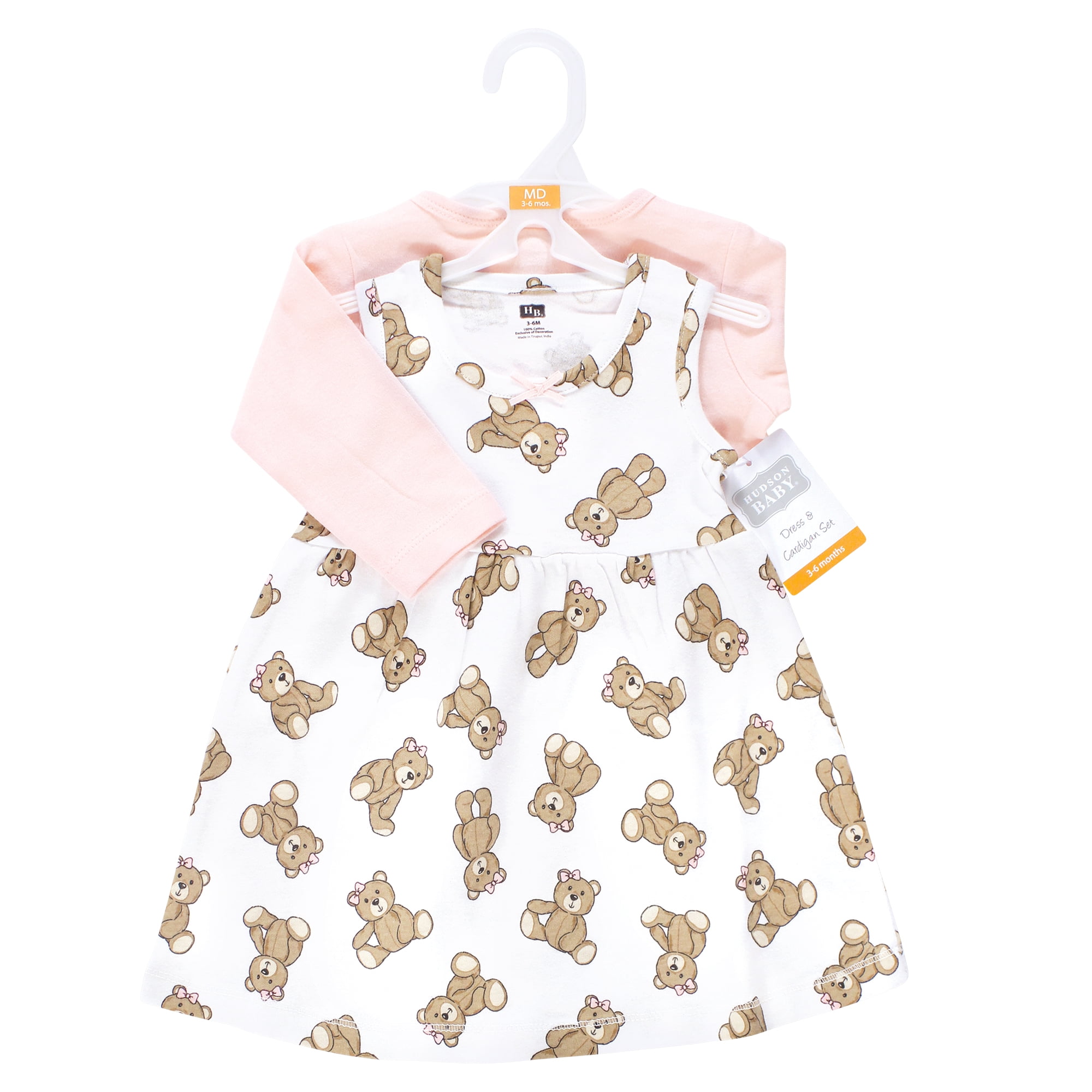 Hudson Baby Infant and Toddler Girls Cotton Dress and Cardigan Set, Pink Teddy Bears, 3-6 Months