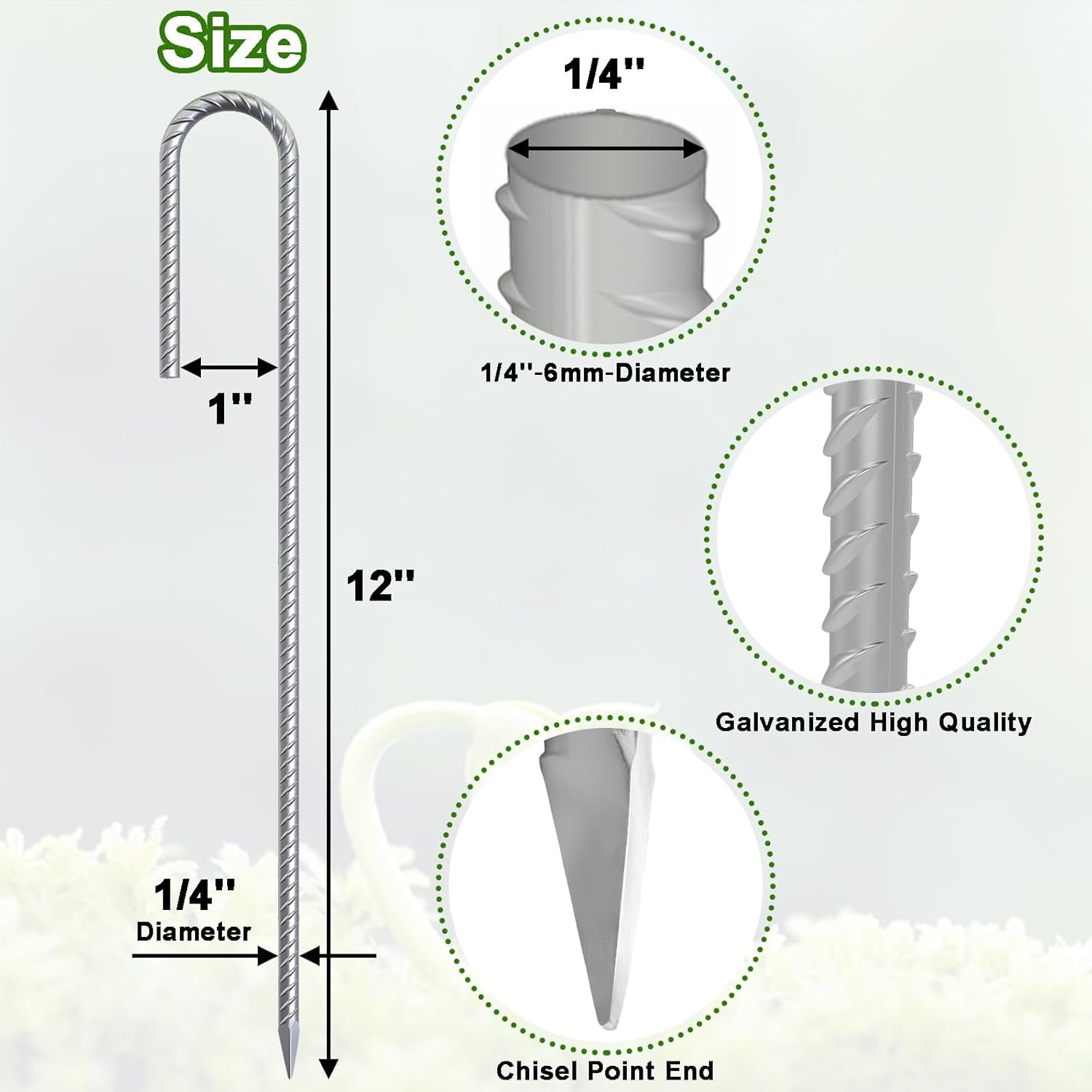Rebar-Stakes-12-Inch Galvanized Ground Spikes,20 Pack J Hook Tent Stakes Heavy Duty Anti-Rust Fence Anchors with Chisel Point End, Securing Pins, Soccer Goals, Camping Tents, Garden Decoration