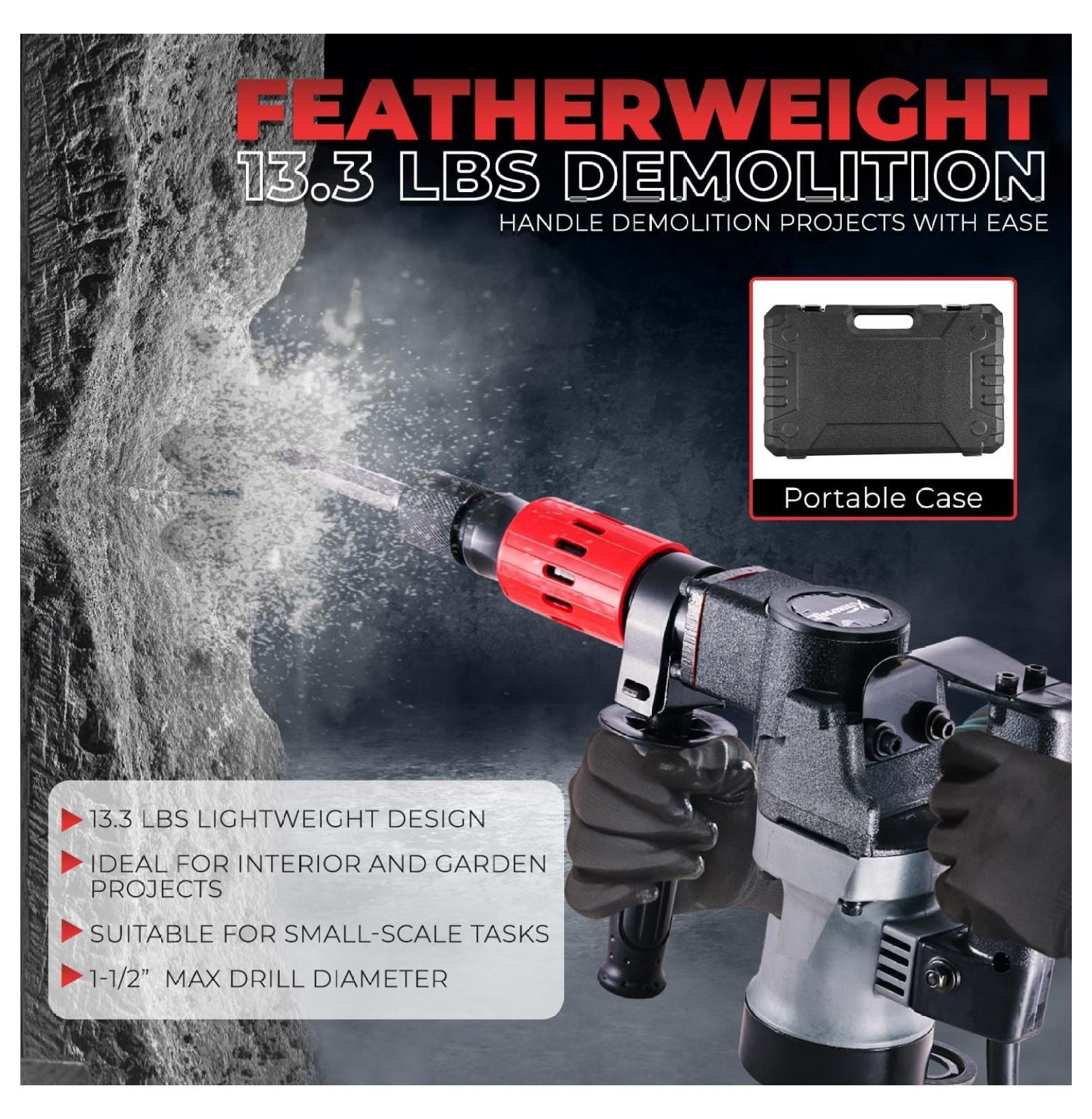 1000W Demolition Electric Hammer Jack Hammer Concrete Breaker Flat and Point Chisel Bits with Case
