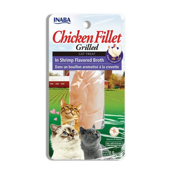 INABA Natural, Premium Hand-Cut Grilled Chicken Fillet Cat Treats/Topper/Complement with Vitamin E and Green Tea Extract, 0.9 Ounces Each, Shrimp Broth