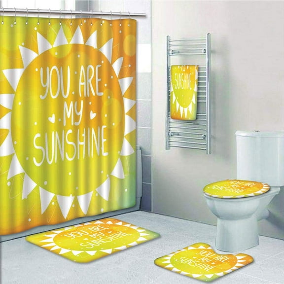 PRTAU Radiant Sunshine Phrase Made with Cute Triangles Dots Ethnic Kitsch Love 5 Piece Bathroom Set Shower Curtain Bath Towel Bath Rug Contour Mat and Toilet Lid Cover