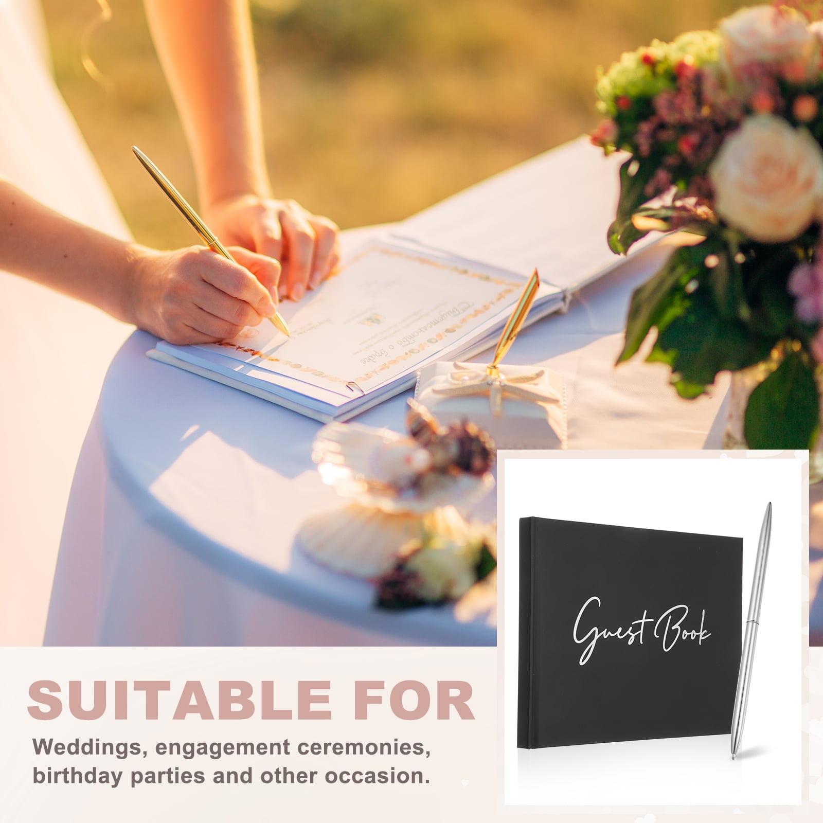 Uxcell Guest Book, 9x7" Elegant Wedding Guestbook Black Cover Memory Book with Diamond Signing Pen and Greeting Card for Wedding Bridal Shower Birthday Party Events, Silver Tone