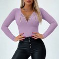 thumbnail image 2 of Sexlip Womens V Neck Long Sleeve Blouse Lace Up Front Design Stretchy Fabric Slim Silhouette for Evening Occasions Purple M, 2 of 6