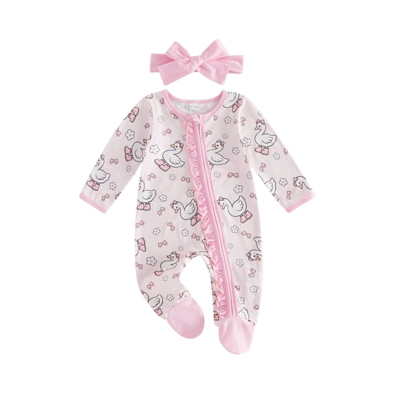 BemeyourBBs Newborn Baby Girl Duck Goose Outfit Infant Baby Girl Spring Summer Fall Winter Clothes Footed Romper Cute Duck Flower Bow Print Ruffled Trim Zipper Long Sleeve Footie Jumpsuit Headband