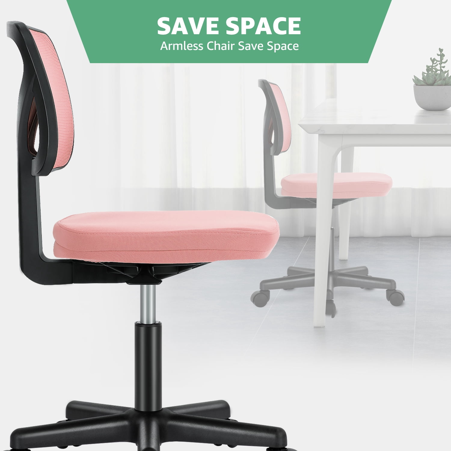 JOINSUN Armless Desk Mesh Office Chair, Adjustable Height Ergonomic Low Back Vanity Task Desk Chair with Wheels, Pink