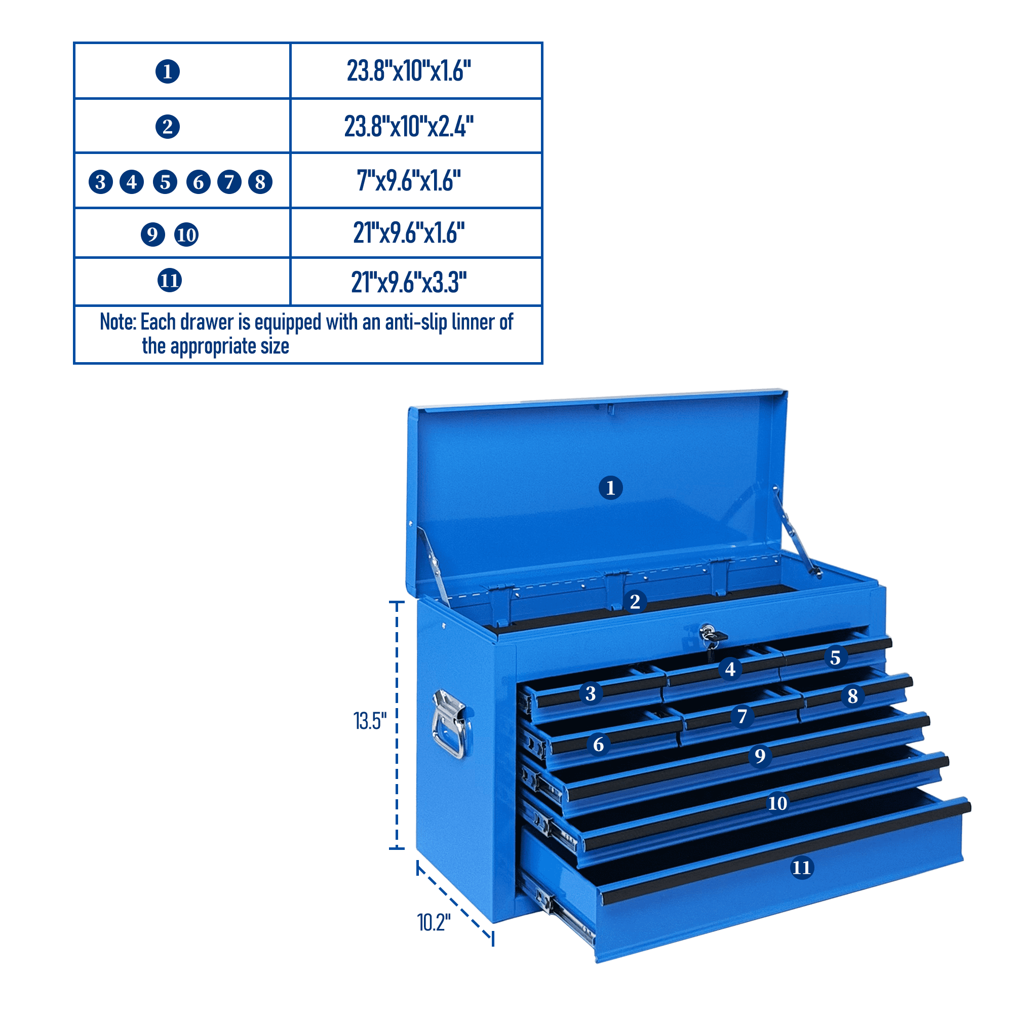 Heavy Duty Metal Tool Box,24 Inch Portable Tool Chest with 9 Drawers, Ball Bearing Slide Drawers with Auto-Locking System, Lockable Top Box Tool Organizer for Garage, Workshop, Truck,Blue