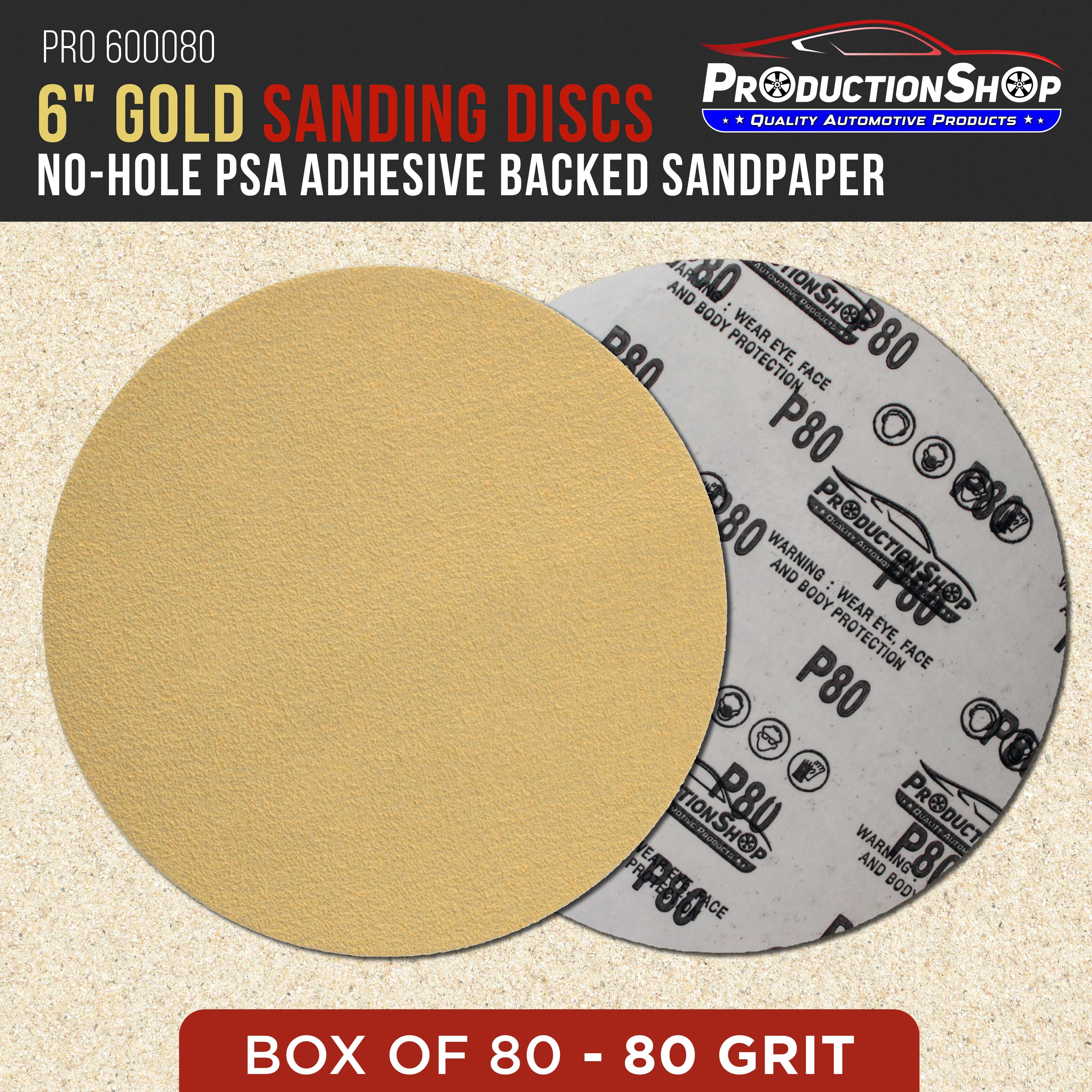 ProductionShop Premium 80 Grit 6" PSA Gold Sanding Discs, Box of 100 - Self Adhesive Stickyback Abrasive Sandpaper for DA & Random Orbital Sanders - Sand Auto Paint Metal, Wood Woodworking Furniture