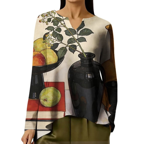 QASIEATN Women's V Neck Long Sleeve Top Asymmetrical Shirt Blouse Summer Graphic Tee Tops