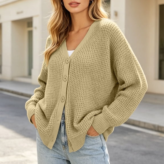 thefnos Women's Knit Open Front Sweaters Chunky Loose Long Sleeve Button Cardigan Outerwear Ladies Oversized Coat Casual Fall Winter Outfit, Brown 3XL