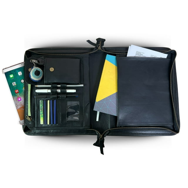 Madosh, Leather Padfolio Binder Document Organizer Office Interview Resume File Folder Travel Zipper Portfolio (Black)