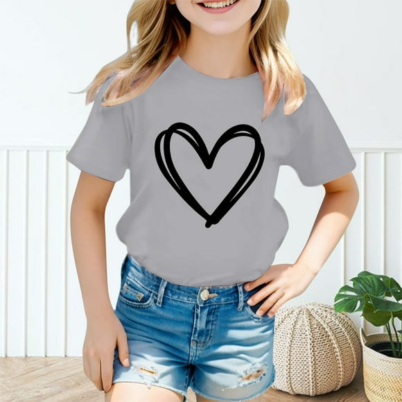 Chandails pour Filles Col Rond Imprimé T-Shirt à Manches Courtes pour Filles Tenue d'Été pour Tout-Petites Vêtements pour Filles 11-12 Ans Mode Fille
