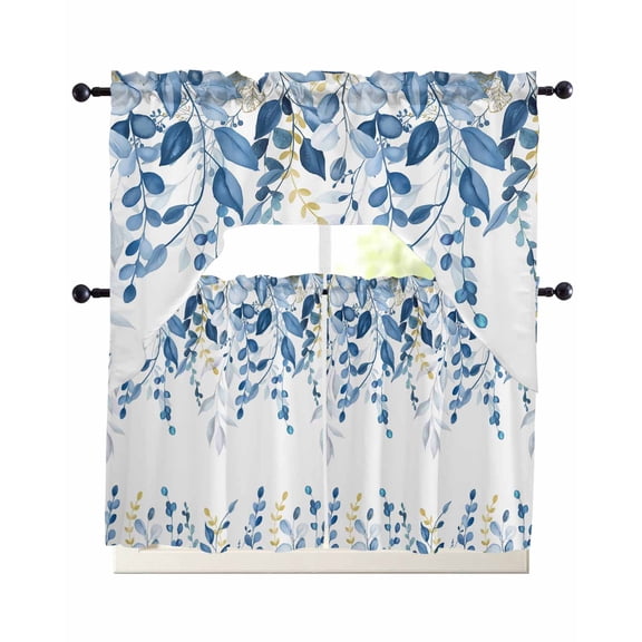 Brown Eucalyptus Leaves Swag Valance for Window, 3 Piece Farm Plants Country Watercolor Light Filtering Swag Curtain Rod Pocket Kitchen Curtain Valance for Bedroom 3 Piece