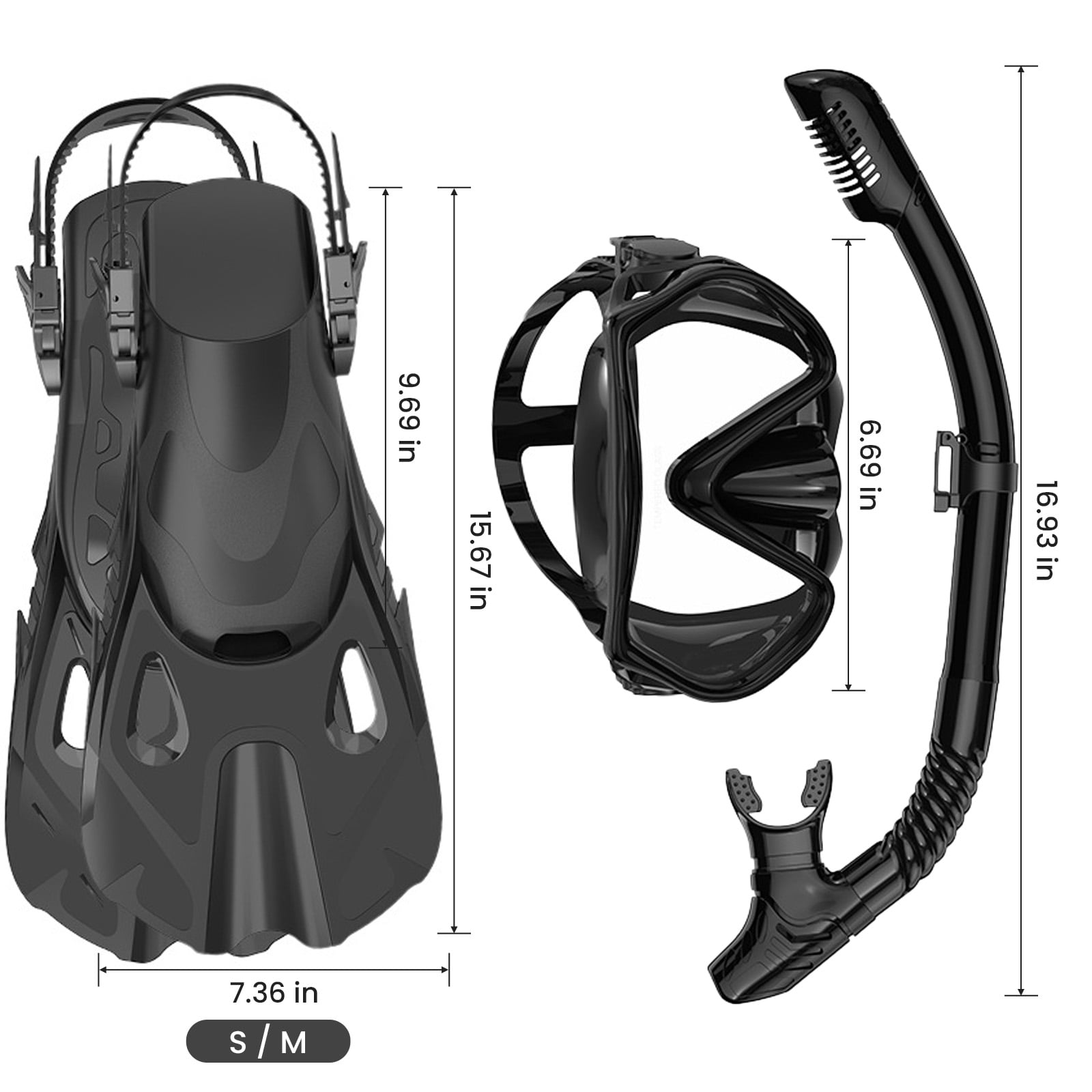 Snorkeling Gear for Adults Men Women, 3 in 1 Snorkel Set with Panoramic View Diving Mask, Dry Top Snorkel Fins for Swimming, Snorkeling and Travel Diving-Black(Large/X-Large)