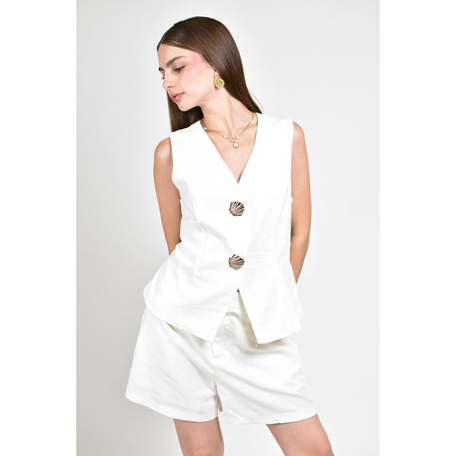 Conjunto de lino con boton decorativo Roman Fashion /Juvenil, 01575 (Blanco) blanco M