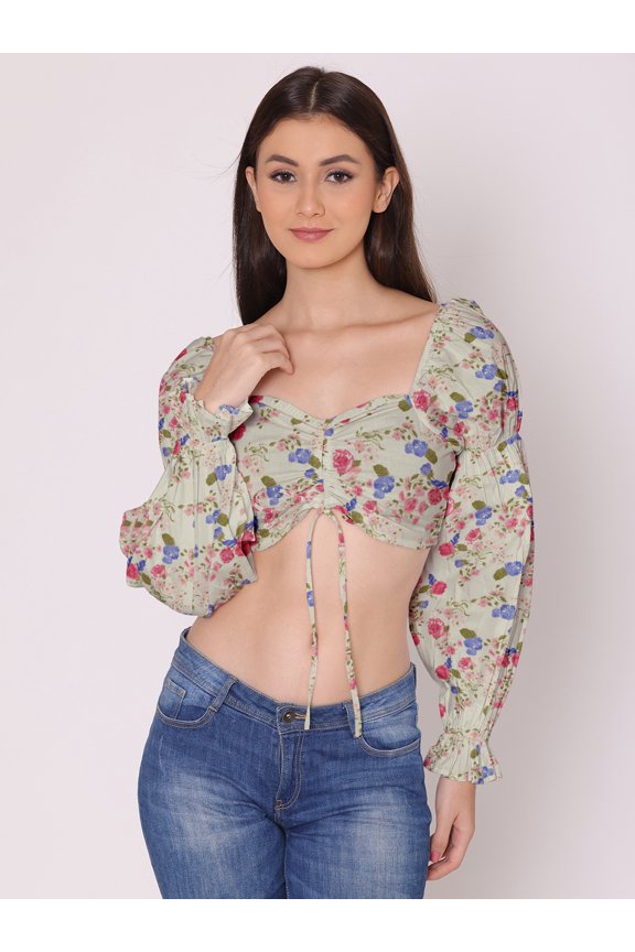 Women's Printed Cotton Crop Top Long Balloon Sleeves Sweetheart Neck High Waist Summer Wear Western Style High Rise Top