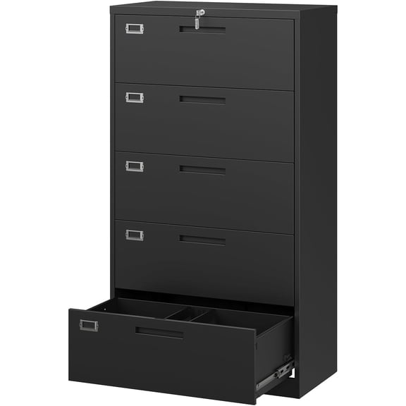 MIIIKO Lateral File Cabinet with Lock, 5 Drawer Metal File Cabinets 35.4" Wide, Home Office Locking Filing Cabinets for Legal Letter File Folders