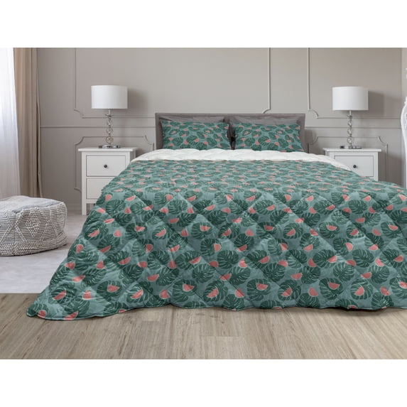 Nature Art Comforter & Sham Bedding Set, Exotic Botanics Tropical Palm Leaves Watermelons Pattern in Chaotic Design, 3 pcs Duvet Set Microfiber Filling Quilt, 5 Sizes, Green and Coral, by Ambesonne