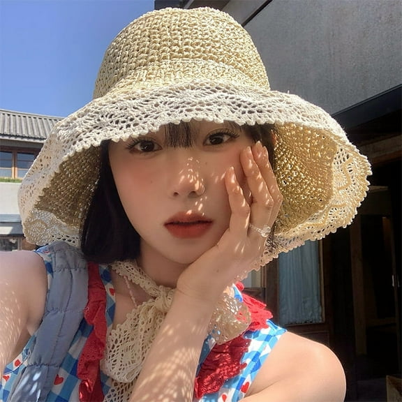 SikaFu Japanese Lace Straw Hat For Women With Large Brims, Summer Outings, Beach Vacations, Grass Woven Sun Hat, Beach Sun Protection Hat
