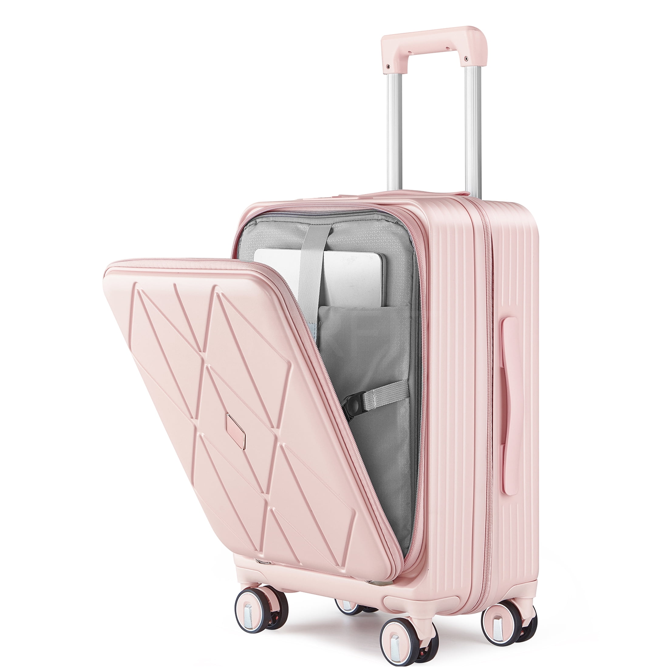 JERFIT 3-Piece Pink Expandable Hard Shell Luggage Set with TSA Lock, Spinner Wheels & Front Pocket, 20/24/28 Inch Lightweight Suitcases