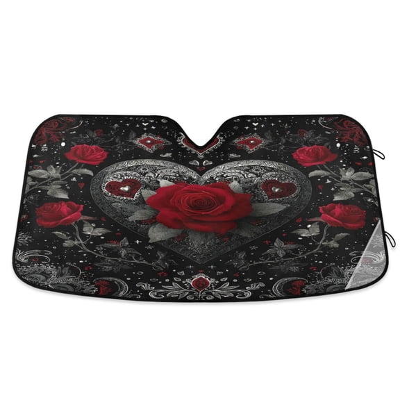 Foldable Car Windshield Sunshade UV Sun Visor Protector Blocks UV Rays Keeps Vehicle Cool 53x23.5 Inch Silver and Bright Red Roses