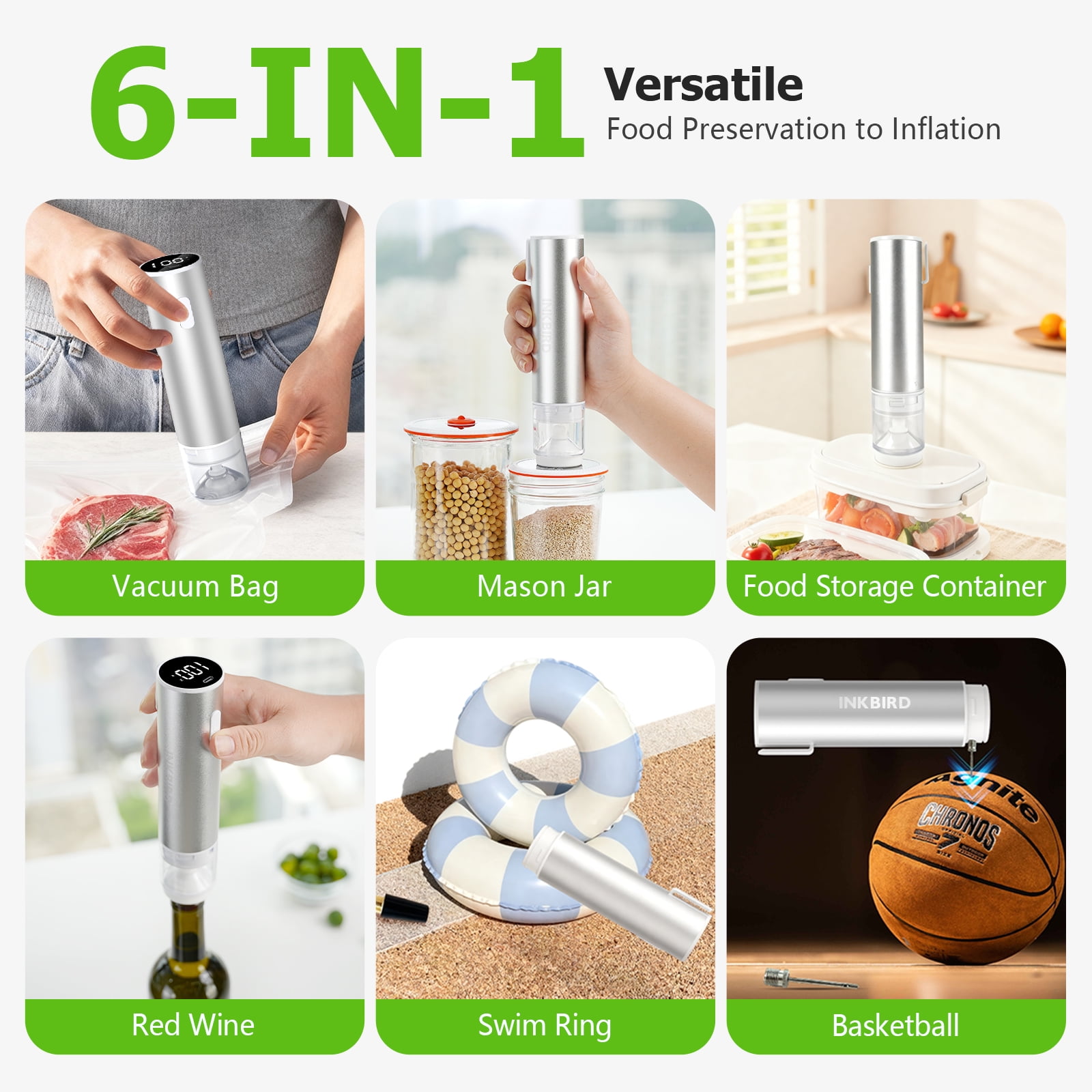 INKBIRD KZ-100 Handheld Vacuum Sealers, Silver with Removable Water Collector and Jar Sealer Kit