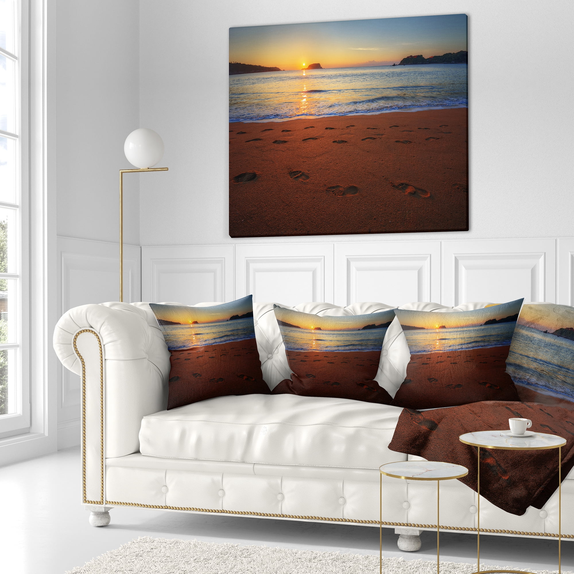 Designart Foot printed Sandy Ocean Beach - Seashore Throw Pillow - 18x18