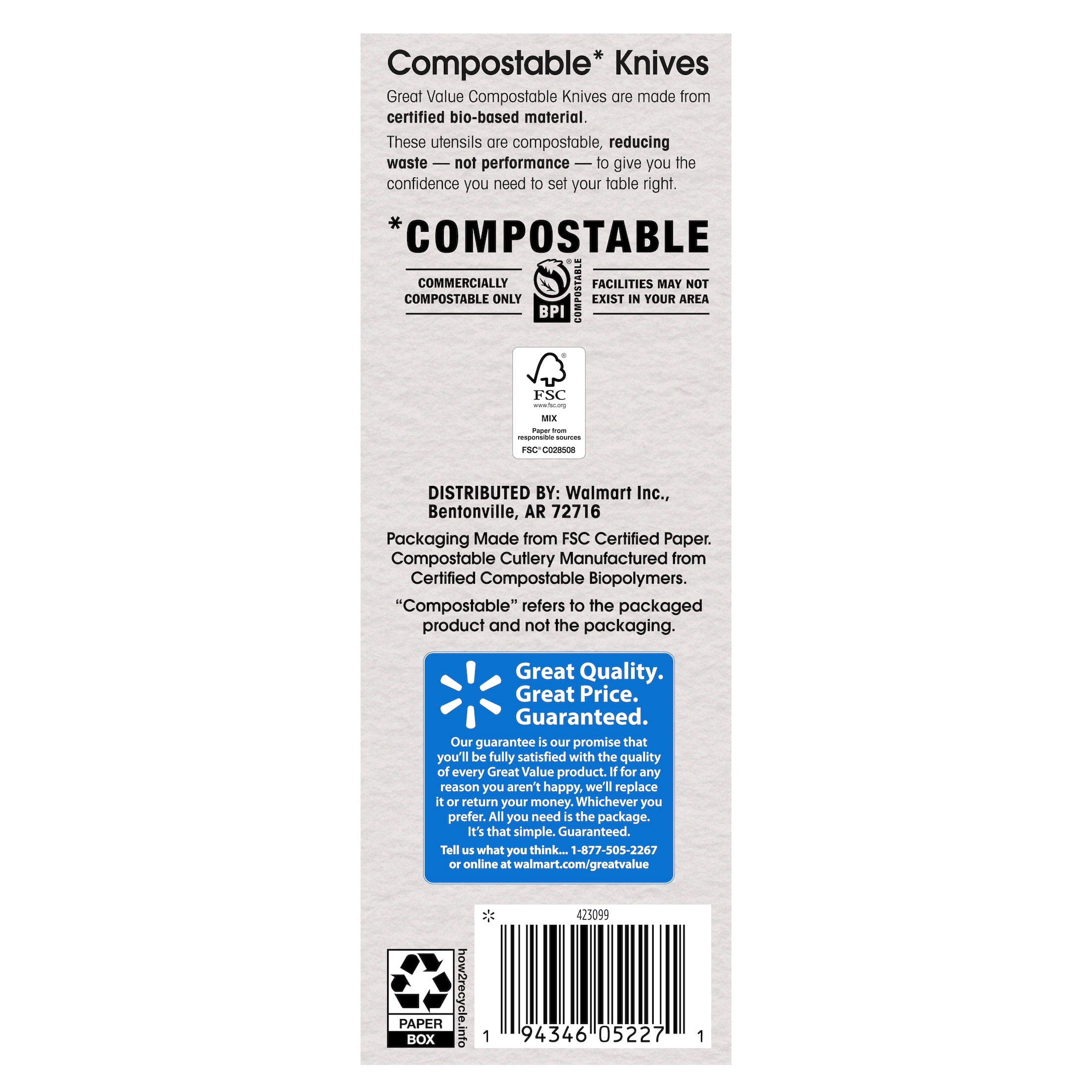 Great Value Disposable Compostable Biopolymer Knives, Residential Single Use, White, 48 Count Pack