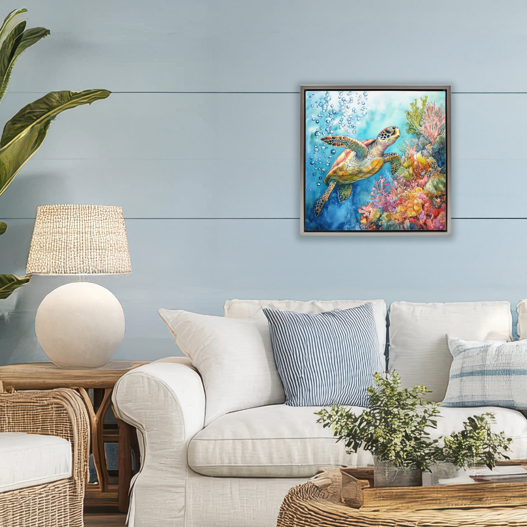 Stupell Industries Underwater Sea Turtle Bubbles Gray Framed Floater Canvas Wall Art, design by Tina LeCour