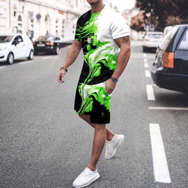 Men's Suit Category - All-Over Print Short Sleeve Tee and Quarter Pants Two-Piece Set for Men