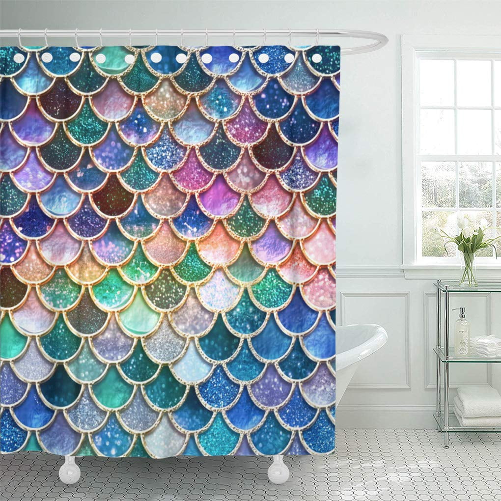Blue Glass Crystal Mermaid Scales Fabric Shower Curtain Set Bathroom Decor 72" 