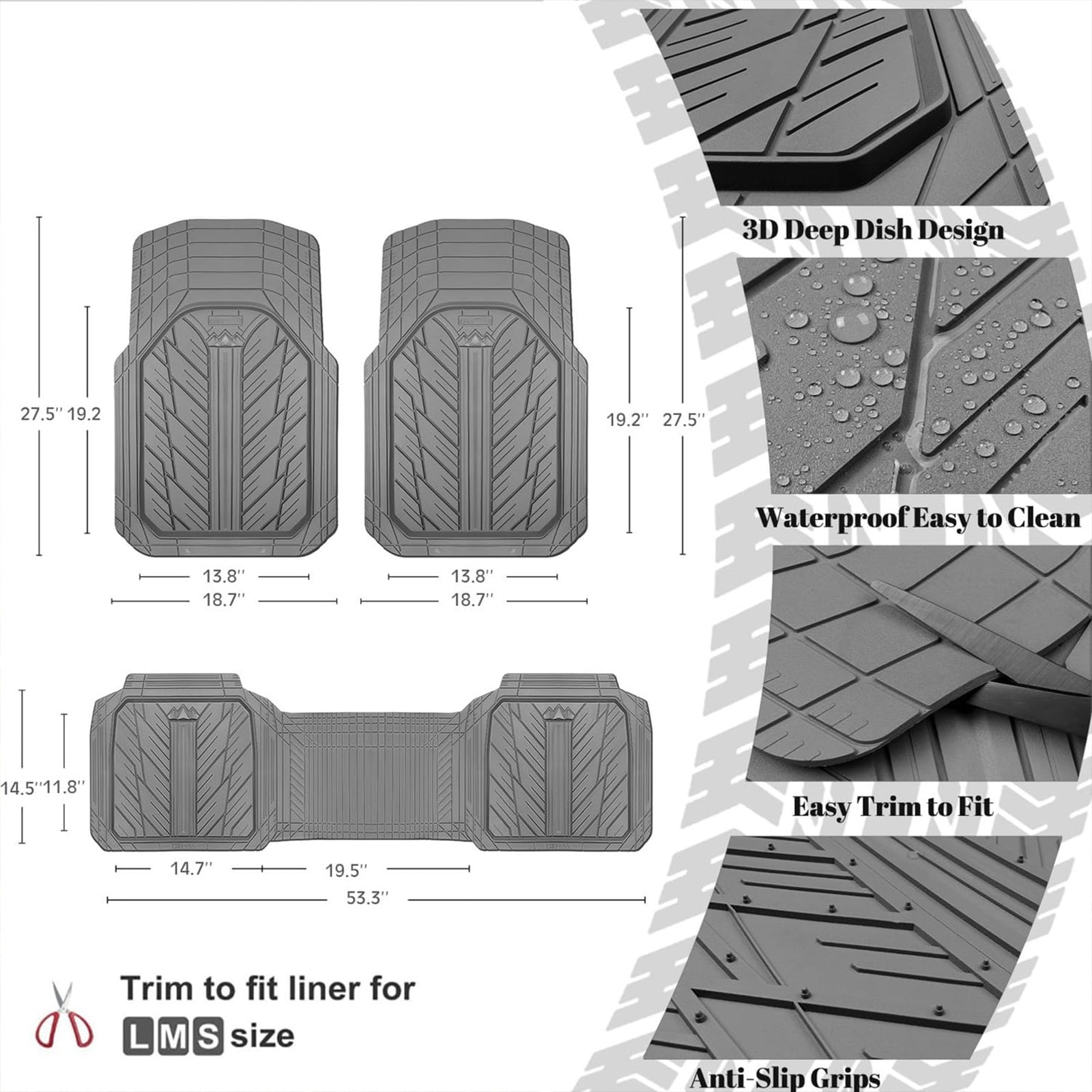 CAR GRAND Heavy Rubber Car Floor Mats, Deep Waterproof Car Mats All Weather, Universal Trim-to Fit Automotive Floor Mats for Car SUV Truck Van, Durable Floor Liners All Gray