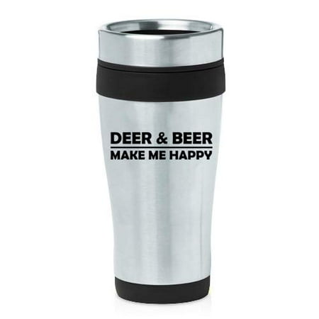 

16 oz Insulated Stainless Steel Travel Mug Deer & Beer Make Me Happy Funny (Black)