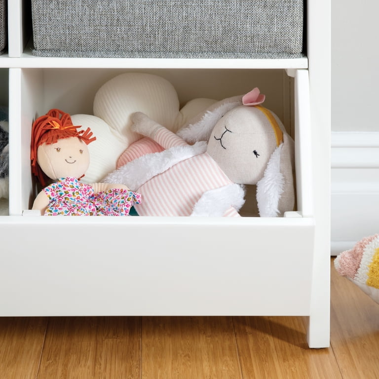 Martha Stewart Kids' Storage Bench With Cushion - Wooden Toy & Book Organizer With Bins (Linen White)