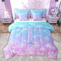 Homewish Cartoon Letter T Bedding Comforter Set 7pcs for Child, Christmas Winter Snowflake Queen Bedding Sets, Kawaii Monogrammed Queen Sheet Sets, Super Cozy Room Decor