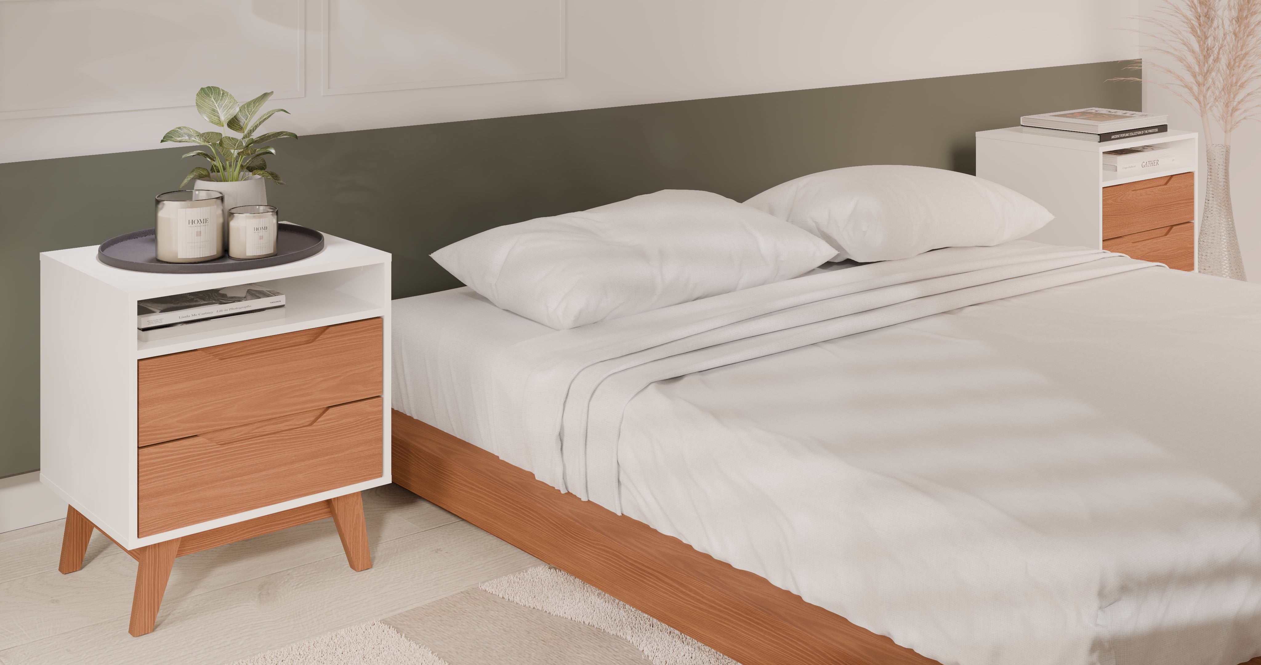 Kappesberg Paris 2-Piece Nightstand Set with 2 Drawers Open Shelf and Built-In Handles White/Golden Oak – Modern Bedroom Storage