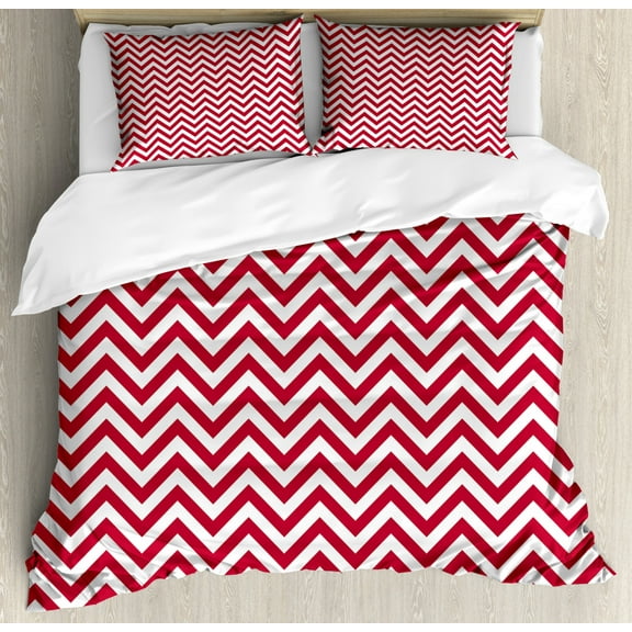 Red Queen Size Duvet Cover Set, Classical Style Chevron Zig Zag Stripes Retro Revival Pattern with Simplistic Design, Decorative 3 Piece Bedding Set with 2 Pillow Shams, Ruby White, by Ambesonne
