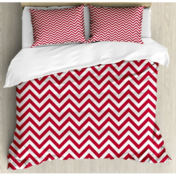 Red King Size Duvet Cover Set, Classical Style Chevron Zig Zag Stripes