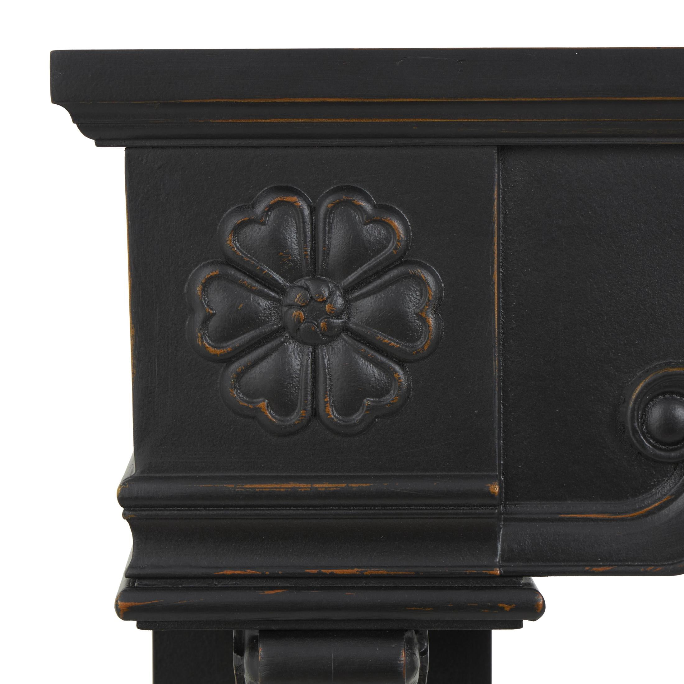 DecMode 45" x 43" Wood Black Freestanding Scroll Surround Fireplace Mantle with Floral Accents