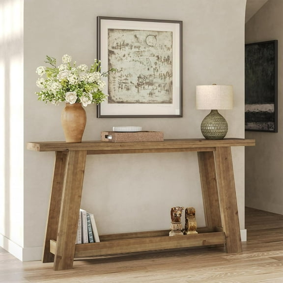 Farmhouse Solid Wood Entryway Table, 63-Inch Console Table with 2-Tier Shelf