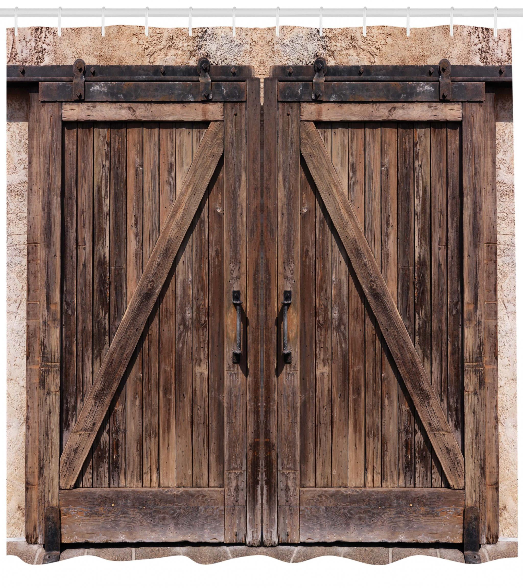 Rustic Shower Curtain Wooden Barn Door In Stone Farmhouse Image Vintage Desgin Rural Art Architecture Print Fabric Bathroom Set With Hooks Beige