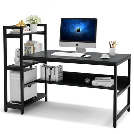 desk computer storage shelf office shelves modern tower workstation bookshelf table writing tribesigns studying tier walnut dark