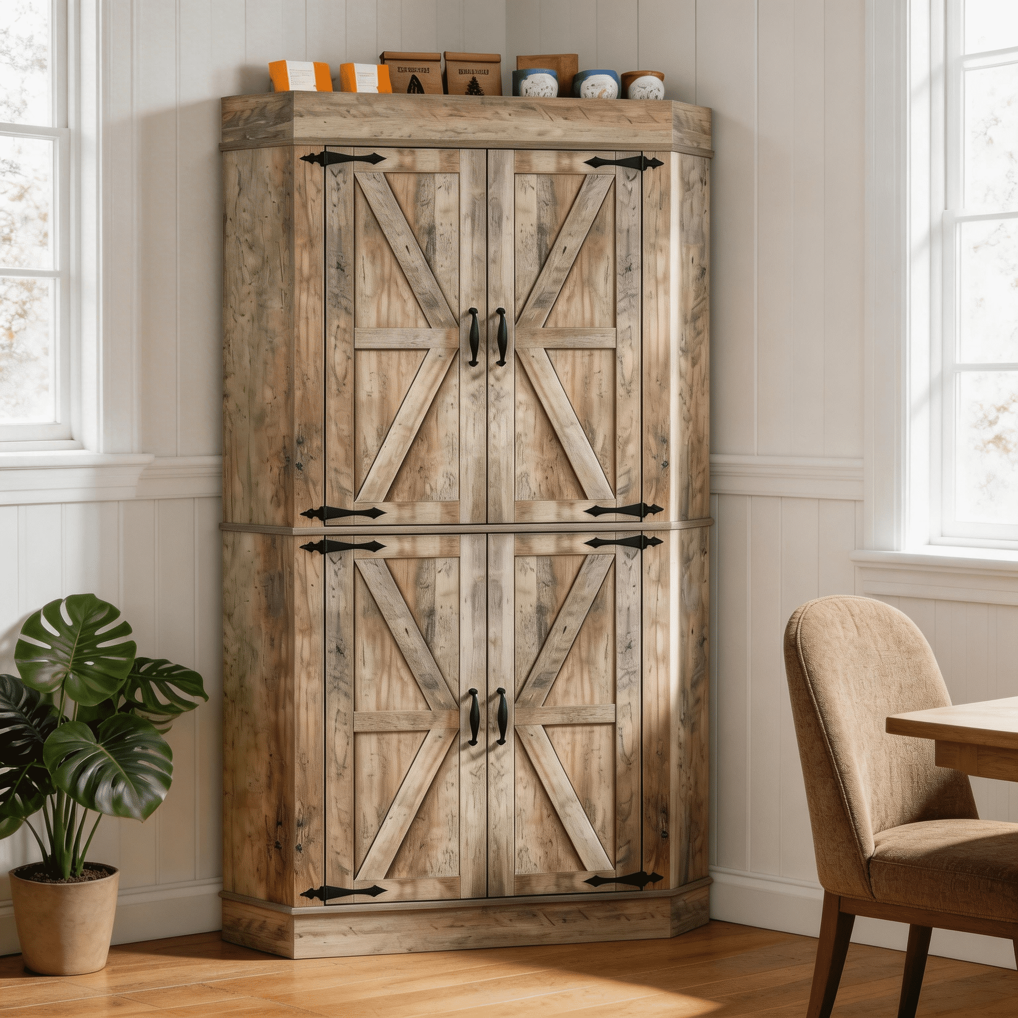 Garvee Farmhouse Corner Bar Cabinet, 71" Tall Pantry Cabinet with 4 Doors, L-Shaped Buffet Hutch for Dining Room, Ktichen, Gray