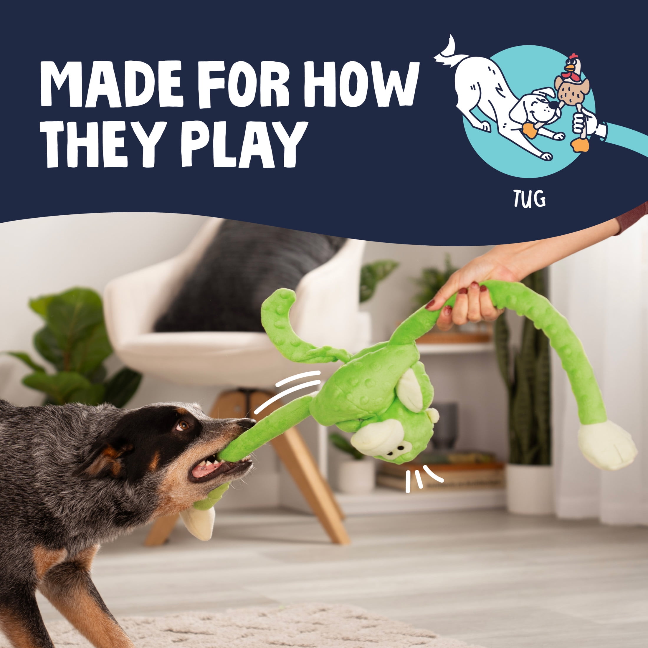goDog Crazy Tugs Monkeys Squeaky Plush Dog Toy, Chew Guard