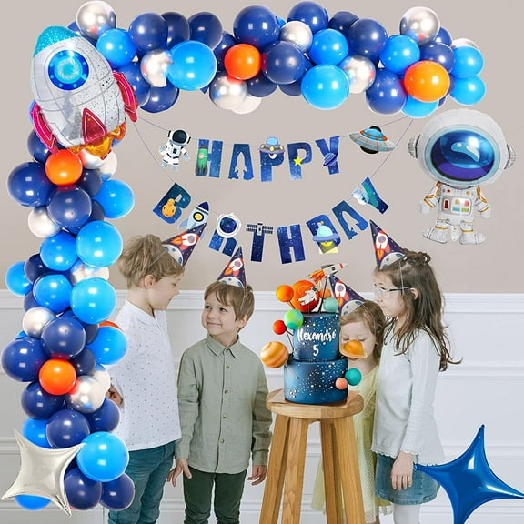 YANSION Astronaut Space Balloon Garland Kit, Pearl Midnight, Chrome Blue, Silver Space Party Supplies Galaxy Balloons Garland Kit & Astronaut Rocket Foil Balloon, Outer Space Birthday Decorations