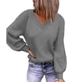 thumbnail image 1 of Suéter de manga larga para mujer, informal, suelto, con cuello en V, mangas de burbuja de Color puro, suéter de punto para otoño e invierno, gris L, 1 of 6