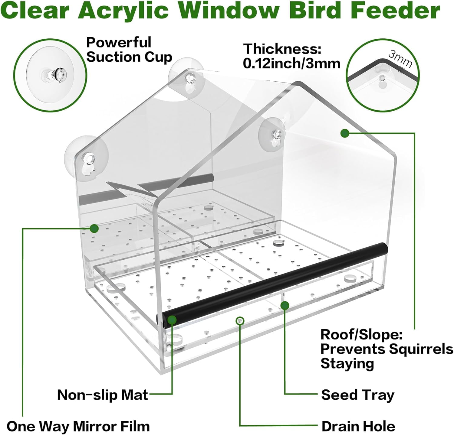 One Way Window Bird Feeder for Outside with Strong Suction Cups, Clear Acrylic Wild Bird House for Cats Viewing, Large Transparent Window Mount Birdfeeder for Bird Lovers Gift