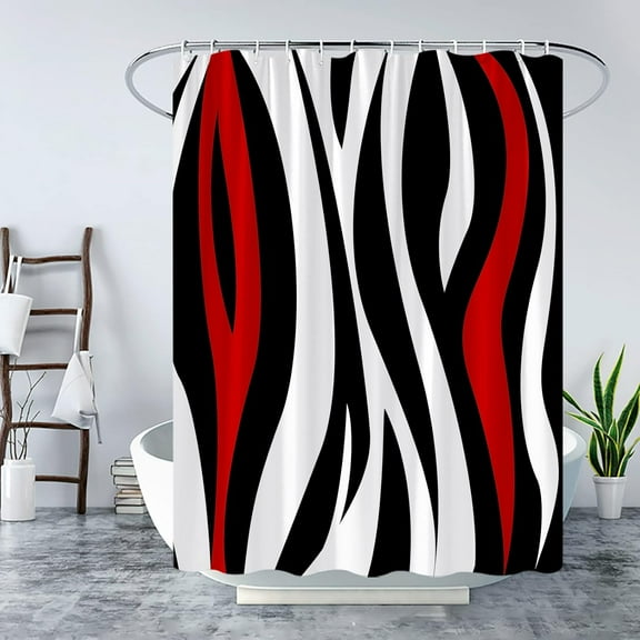 Modern Black Red Shower Curtain Stripes Leopard Zebra Print Mid Century Abstract Curved Lines Combine Geometric Bath Curtain