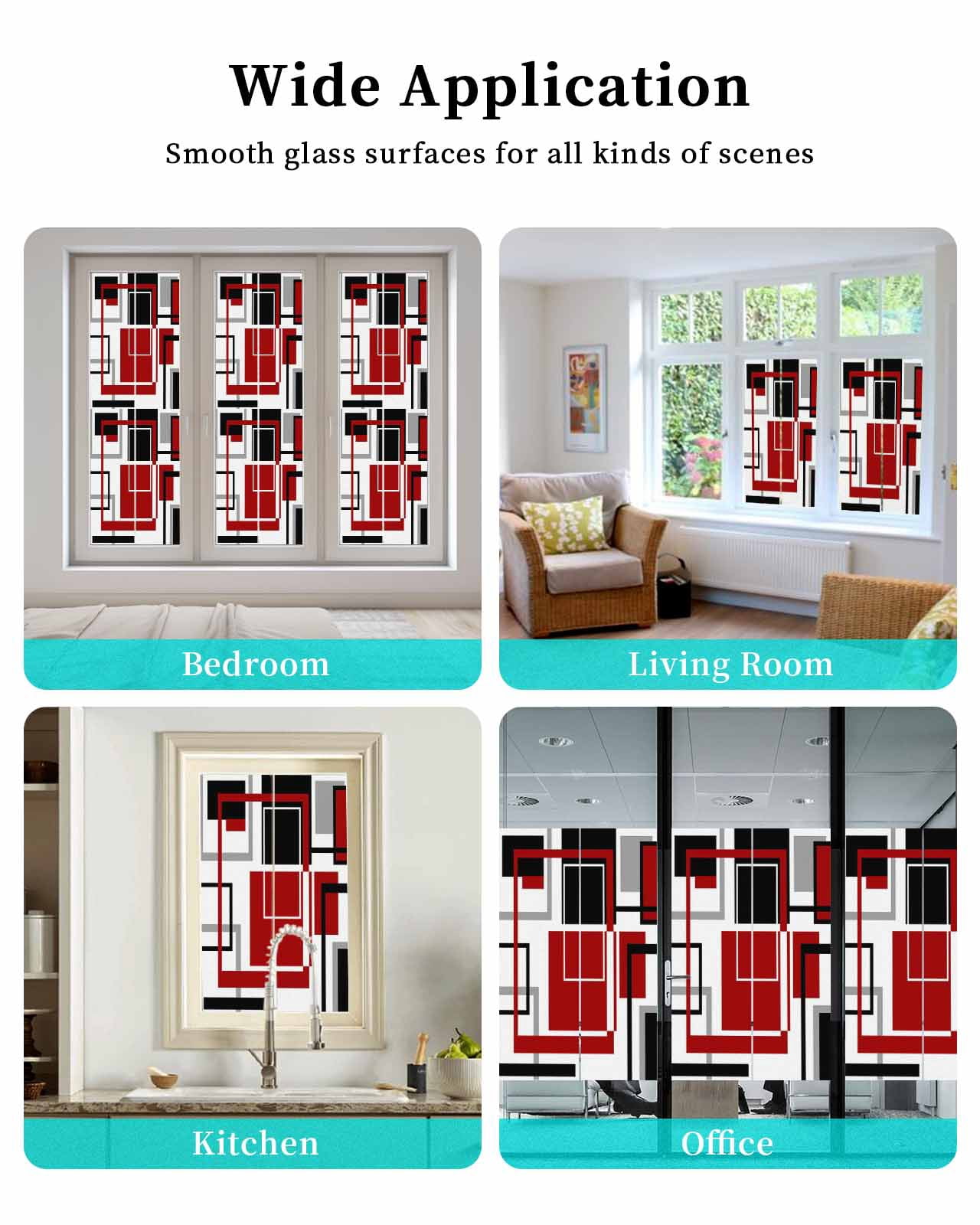 Window Privacy Film Red Black Geometric Stained Glass Window Film Decorative Sun Block Window Cover Contemporary Gray Abstract Stripes Window Clings Static Adhesive Sticker for Bathroom 23.6"x59"
